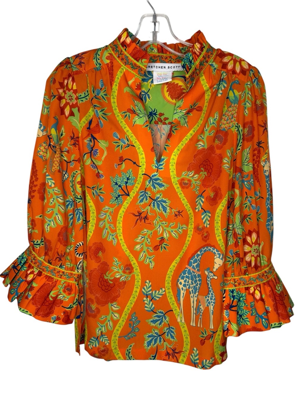 Gretchen Scott Ruffleneck Tunic Jungle Symphony Orange Floral & Giraffe Small